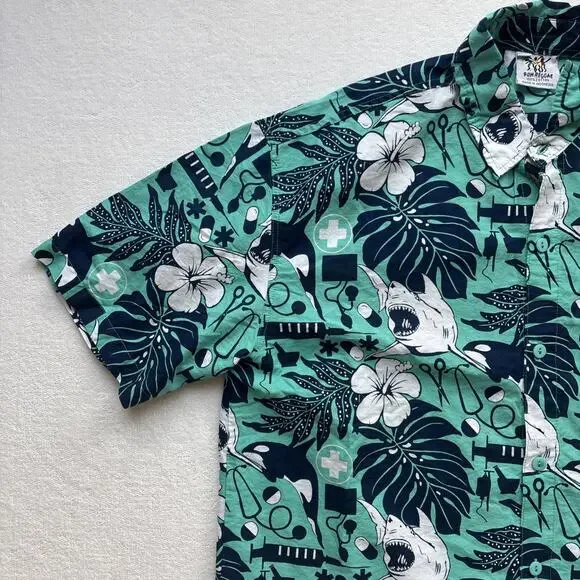 Rum Reggae Medical Shark Orca Shirt Mens Medium Teal Cotton Excellent Condition - Picture 4 of 16